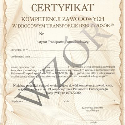Certyfikat kompetencji zawodowych przewoźnika